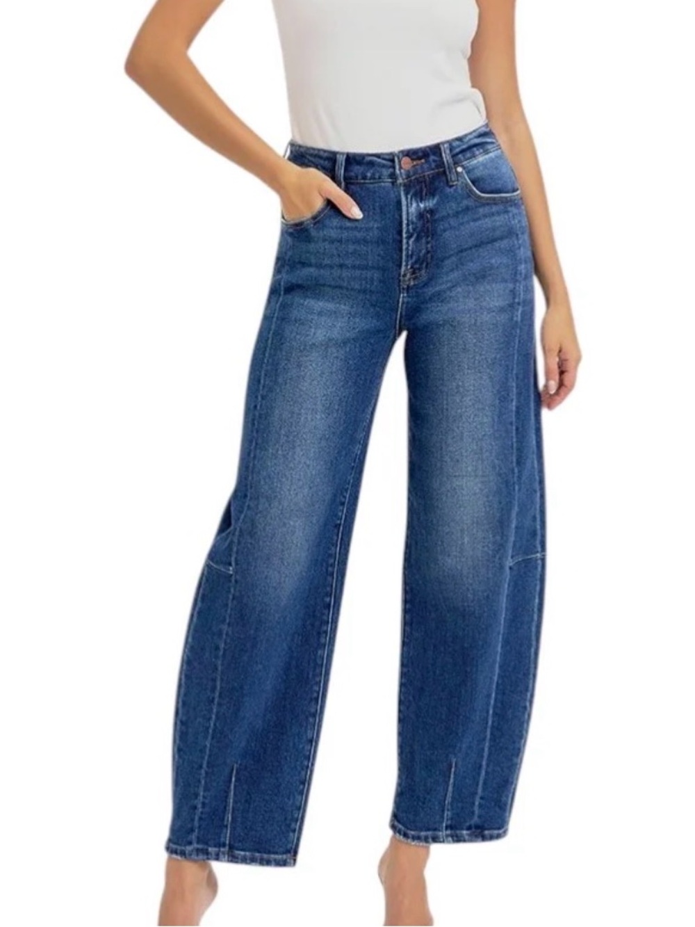 NWOT⁠ Risen Jeans Size 9/29 High Rise Barrel Leg Jeans Seam Front Dark